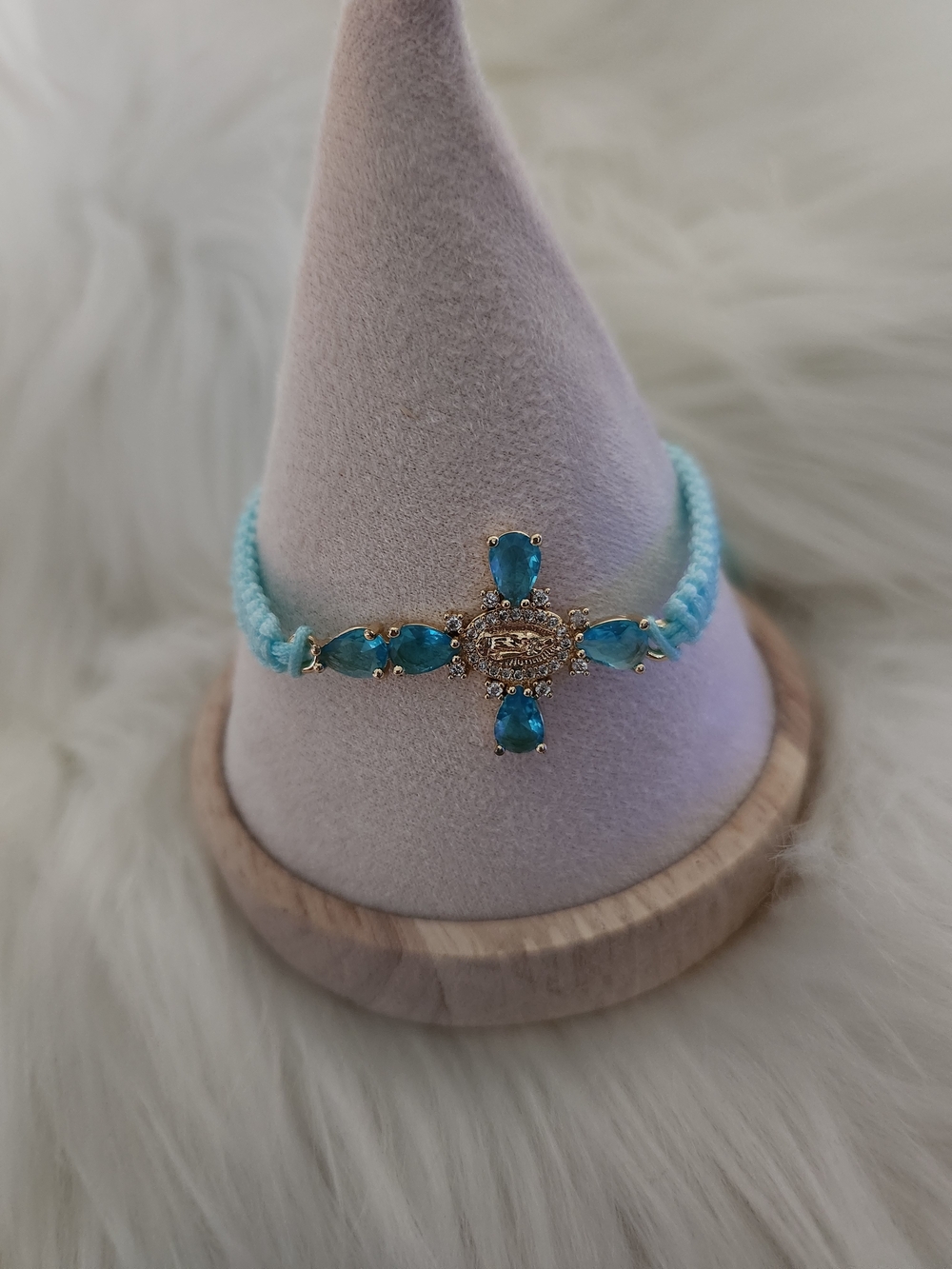 Turquoise Crystal Virgin Mary Cross Braided Bracelet